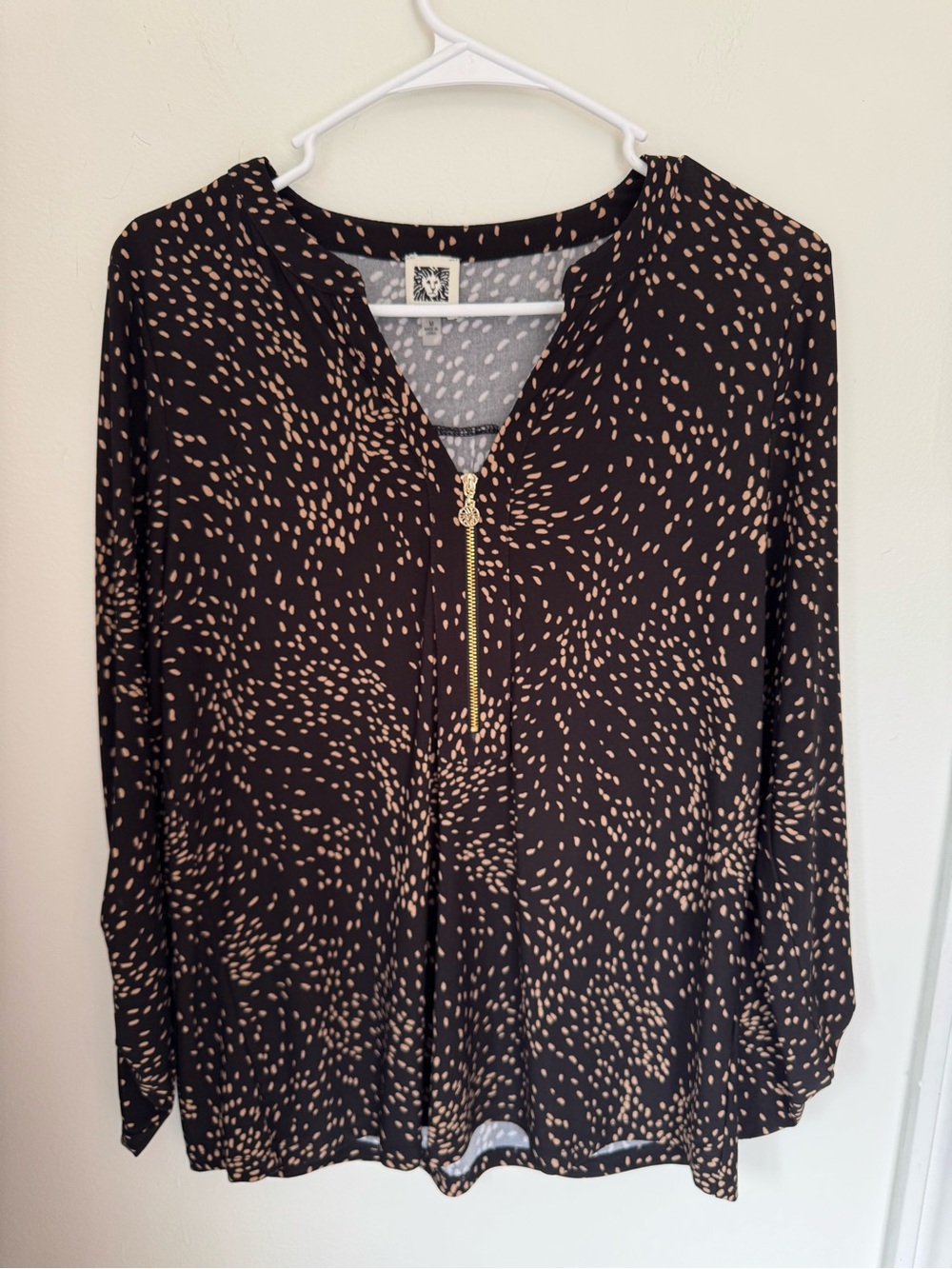 Anne Klein Black Blouse with Tan Dot Print and Gold Zip